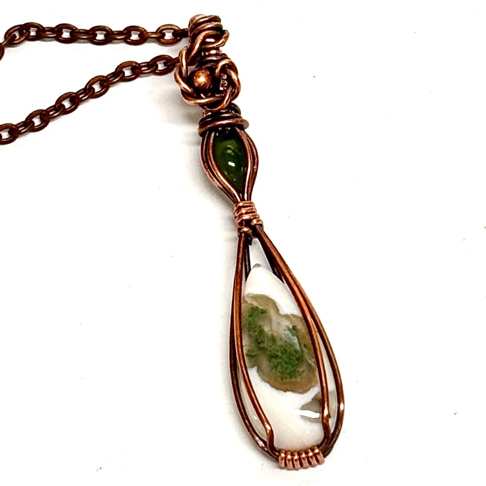 HAND CRAFTED Moss Agate and Vintage Jade Wire Wrapped Copper Pendant Necklace